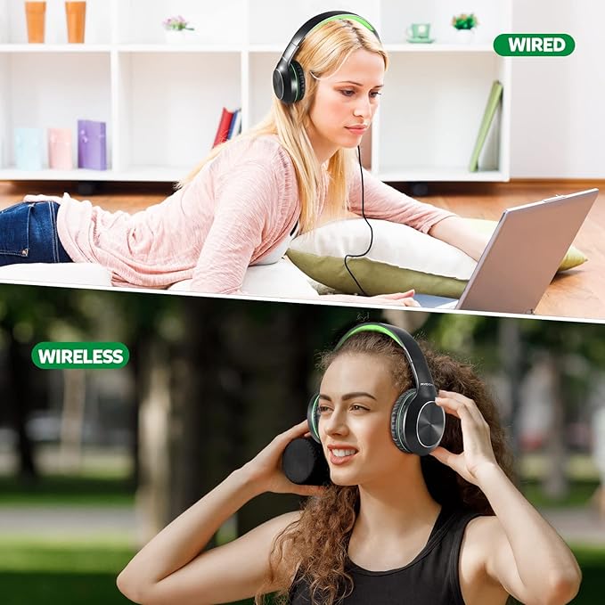 Bluetooth Headphones Over Ear, 68H Playtime 3 EQ Music Modes Wireless Headphones with Microphone/Deep Bass, HiFi Stereo Foldable Headset for PC Home Travel Office (Black Green)