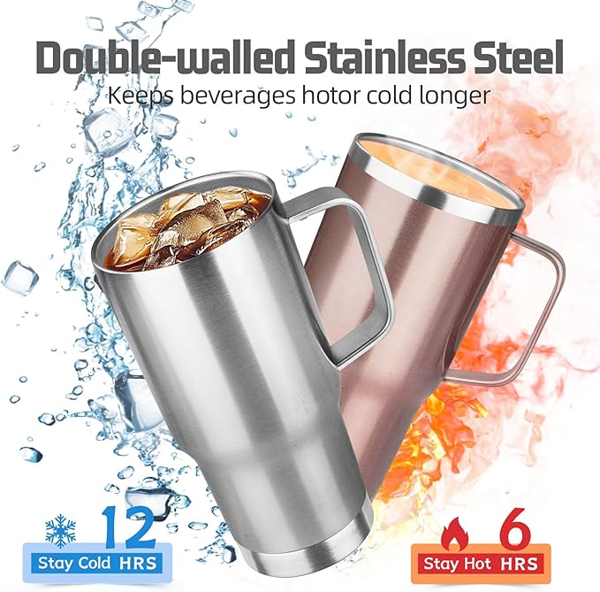 20 oz Tumbler with Handle Stainless Steel Insulated Coffee Mug Tumbler with Lid and Straw Double Wall Vacuum Insulated Coffee Mug Leak Proof Travel Mug Tumbler for Hot and Cold Drink (Silver,4pack)