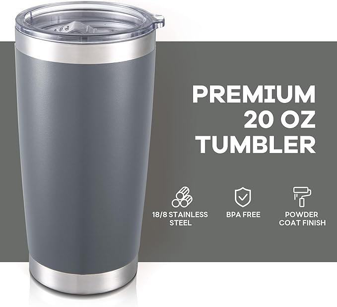 20 oz Tumbler with Lid Stainless Steel Double Wall Vacuum Insulated Tumblers Powder Coated Cups Travel Mug Keep Drinks Cold and Hot, Grey