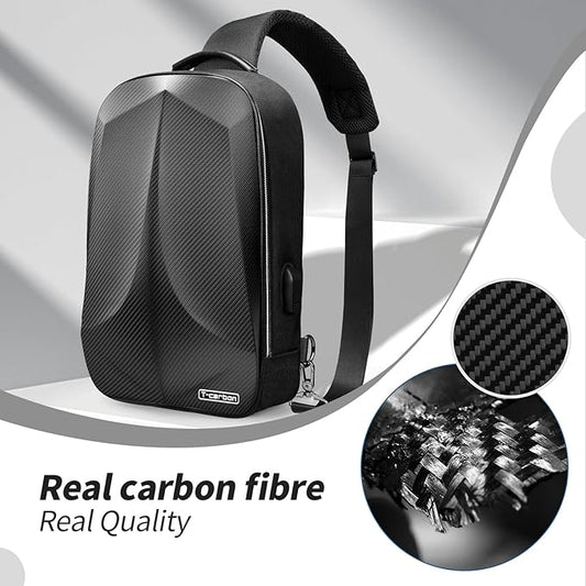 T-carbon Anti-Theft Crossbody Bag for Men,Travel Sling Bag Real Carbon fiber Hard Shell,Single Strap Backpack with USB and Reset Lock for Hiking Traveling Sporting Cycling Daily