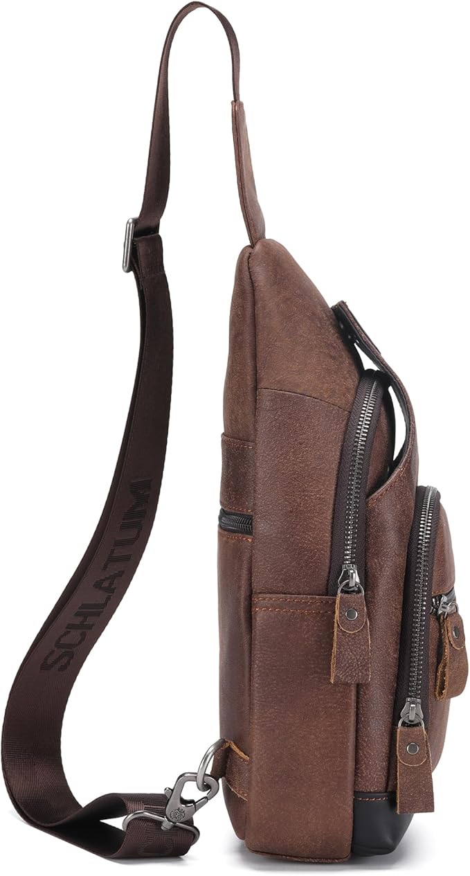 LUKZIJAES Genuine Leather Sling Bag for Men Crossbody Bags Man Shoulder Chest Pack Hiking Casual Daypack Outdoor Travel Backpack (#1-Coffee)