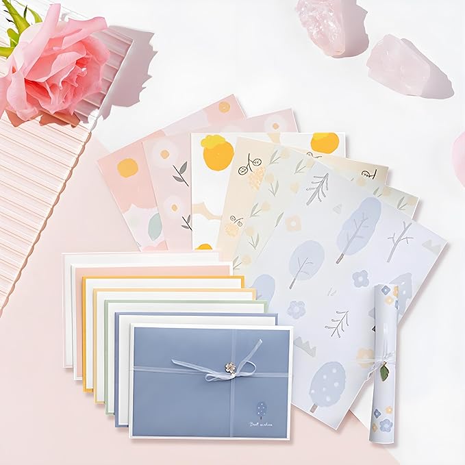 72 Pcs Stationery Paper Envelopes Set Includes 24 Floral Lined Writing Paper & 12 Envelopes, Cute Lovely Letter Writing Stationery Paper Envelopes Kit for Girls Boys Office School Supplies (6Style)
