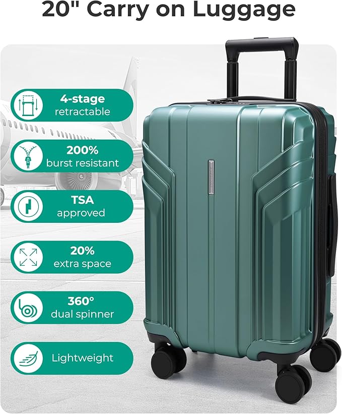 BAGSMART Expandable Carry On Luggage 22x14x9 Airline Approved, 1OO% PC Lightweight Hard Shell Suitcase, 20 Inch Travel Luggage with Spinner Wheels,Carry on Olive Green