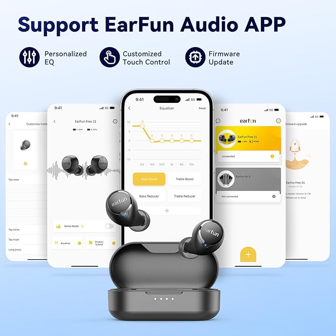 EarFun Free 1S Wireless Earbuds, Bluetooth Earbuds with Deep Bass, 4 Mics for Clear Call, Customizable EQ App, IPX7 Waterproof in-Ear Headphones, 30H Playtime, Wireless Charging