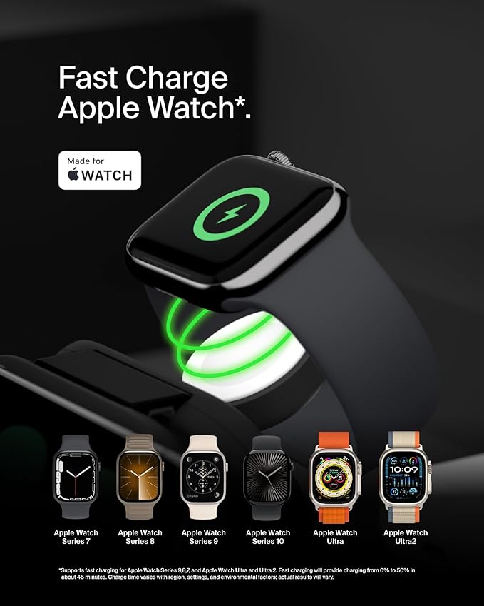 Belkin MagSafe Charger Compatible 3-in-1 Magnetic Charging Travel Pad 15W-BoostCharge Pro Foldable Qi2-Certified Wireless Charger, MagSafe-Compatible Charger for iPhone 16 Series, Apple Watch, AirPods