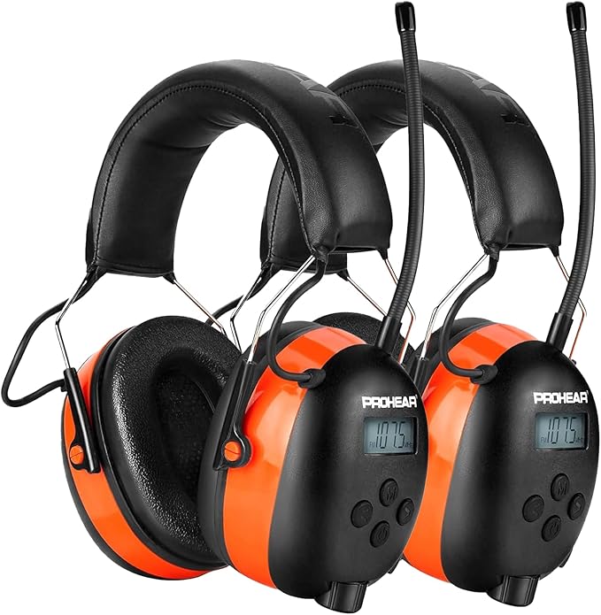 PROHEAR 027 AM FM Radio Headphones with Digital Display 2 pack, 25dB NRR, Safety Ear Protection Earmuffs for Mowing, Snowblowing, Construction, Work Shops - Orange and Orange