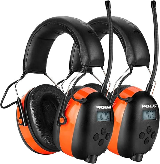PROHEAR 027 AM FM Radio Headphones with Digital Display 2 pack, 25dB NRR, Safety Ear Protection Earmuffs for Mowing, Snowblowing, Construction, Work Shops - Orange and Orange