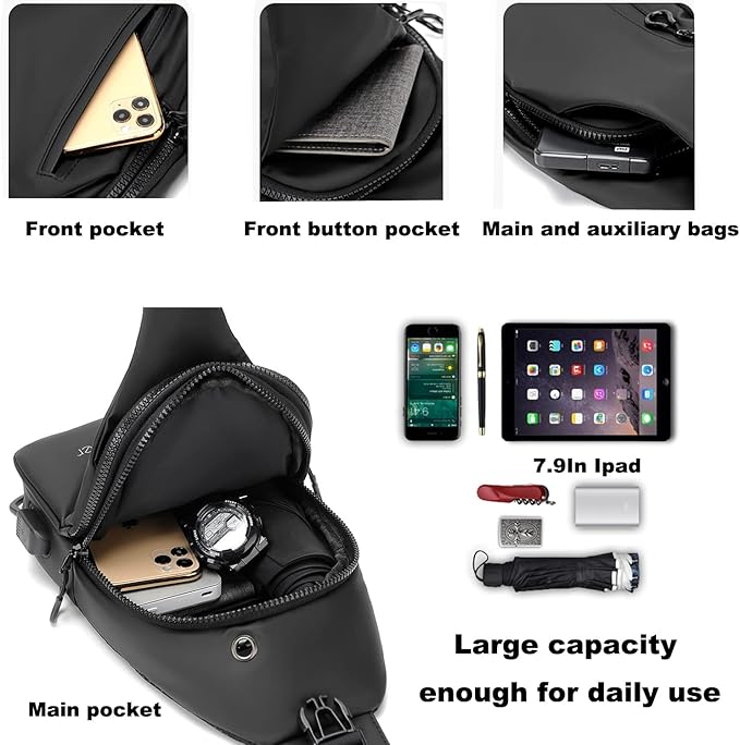 Waterproof Sling Bags Mens Shoulder Crossbody Backpack with USB Charging Port& Headphone,Outdoor Lightweight Bag