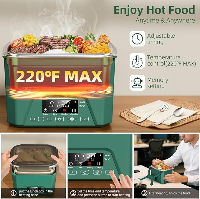 Cordless Electric Lunch Box for Adults, Heated Lunch Box 20000 mAh Battery Powered with Automatic Heating, 1.2L Portable Food Warmer, BPA Free