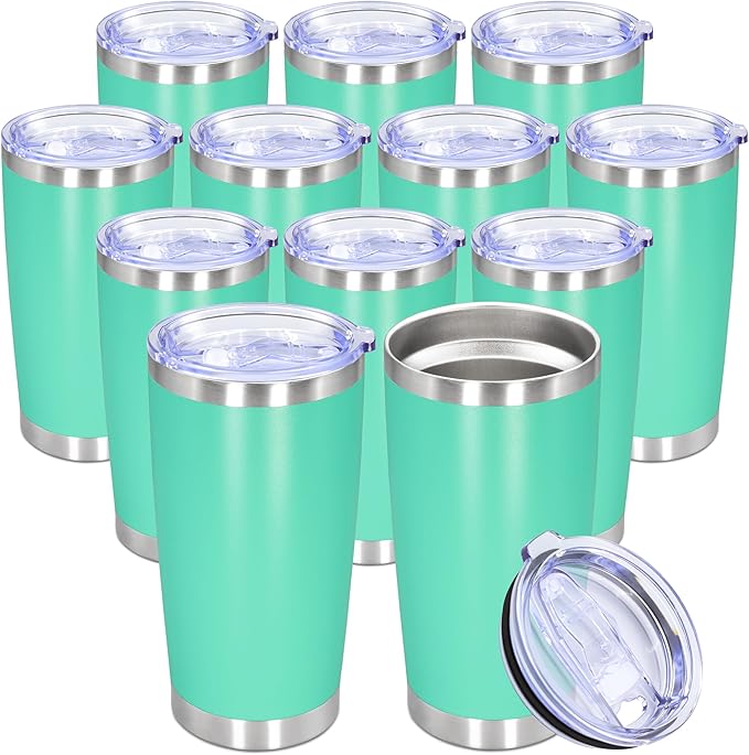 20oz Tumbler Bulk Stainless Steel Tumbler Cup with Lid Vacuum Insulated Double Wall Travel Mug, Durable Powder Coated Travel Coffee Tumbler Mug for Hot & Cold Drinks, Light Blue,12 Pack