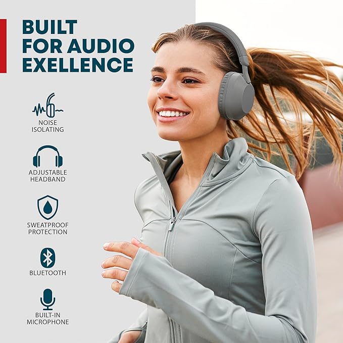 Gabba Goods Aura Premium Wireless Over-Ear Headphones, Built-in Mic, SD Card, High-Res Audio, 6H Playtime, for Travel, Home, Work TV,PC,Gaming,Cellphone (Grey)