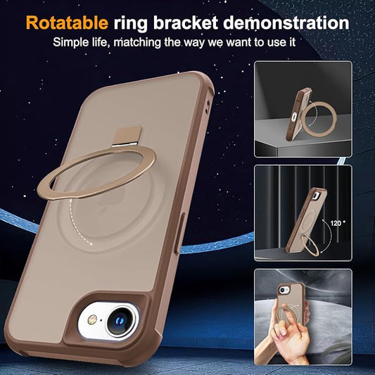Compatible with iPhone 16E Case with Invisible Magnetic O-Ring Stand Military-Grade Translucent Case for iPhone 16E 6.1" [Compatible with Mag-Safe][Great Grip Feeling],Desert Brown