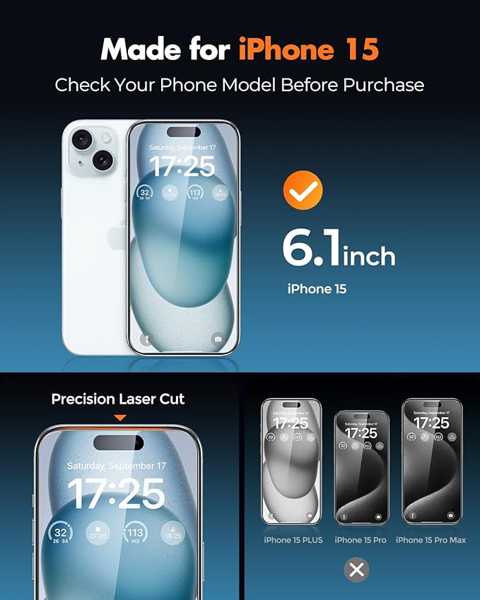 UNBREAKcable 2+2 Pack for iPhone 15 Screen Protector & Lens Protector 【Military-Grade】【Easy Install】【Efficient Night Shot】9H+ Shatterproof Tempered Glass Film,Bubble-Free&Anti-Fingerprint ,Case Friendly-6.1 inch