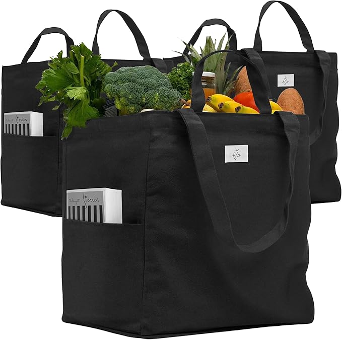 Nook Theory 3 Pcs Reusable Grocery Bags - Heavy Duty Canvas Bags, Large Reusable Shopping Bag, Picnic, 100% Cotton (Black)