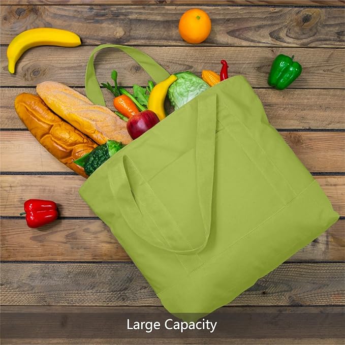 TOPDesign 1-Pack Canvas Tote Bag with an External Pocket, Reusable Grocery Shopping Bag, Top Zipper Closure, Daily Essentials (Light Green)