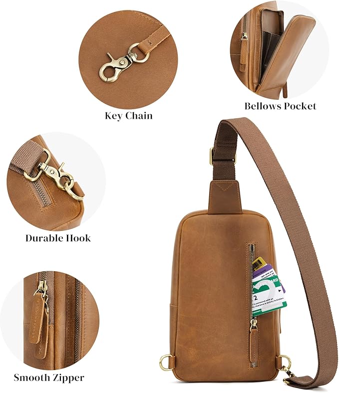 S-ZONE Sling Bag for Men Women RFID Blocking Top Grain Leather Crossbody Shoulder Bag Chest Hiking Daypack Travel