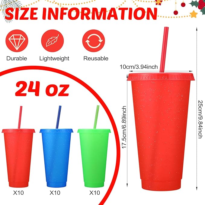 Honeydak 30 Pack Tumbler with Straw and Lid Bulk Glitter Plastic Cups Water Bottle Iced Coffee Travel Mug Reusable Party Favor Cups for Birthdays travel 24-27 oz (Primary Color)