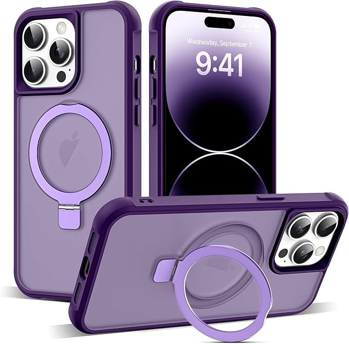Compatible with iPhone 14 Pro Max Case with Invisible Magnetic O-Ring Stand Military-Grade Translucent Case for iPhone 14 ProMax 6.7" [Compatible with Mag-Safe][Great Grip Feeling], Purple