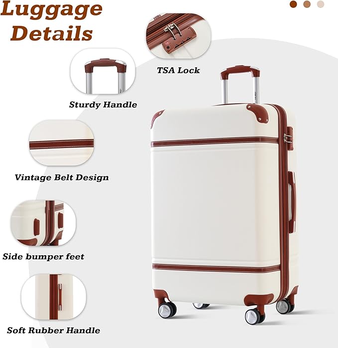 Merax Suitcase Set 24 inches Expandable Luggage with TSA Lock Spinner Wheels Hardshell Lightweight Vintage Luggage with Travel Bag,White