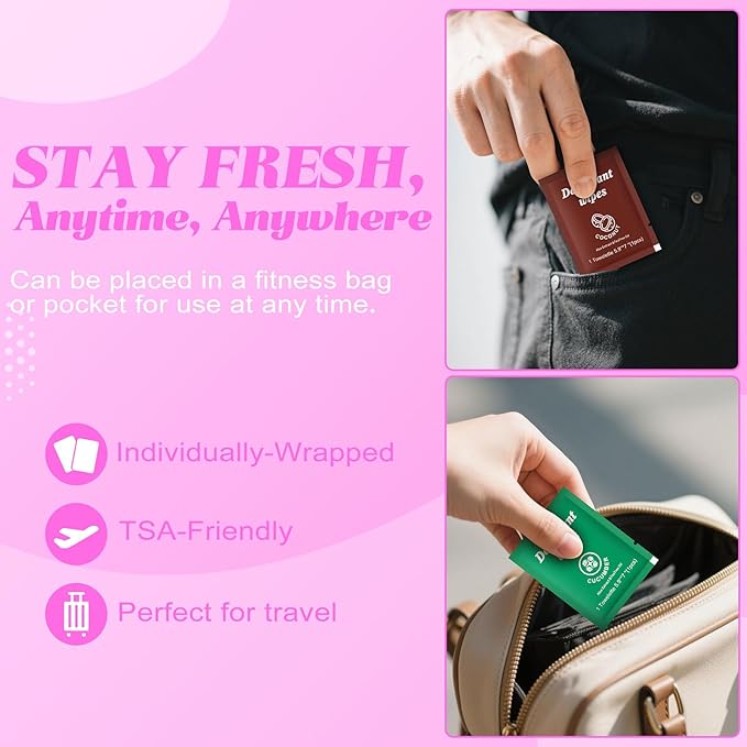 Travel Deodorant Wipes Individually Wrapped,Body Wipes to Clean Skin for Women Men（Lavender,Unscented, Coconut Cucumber,pack of 100)