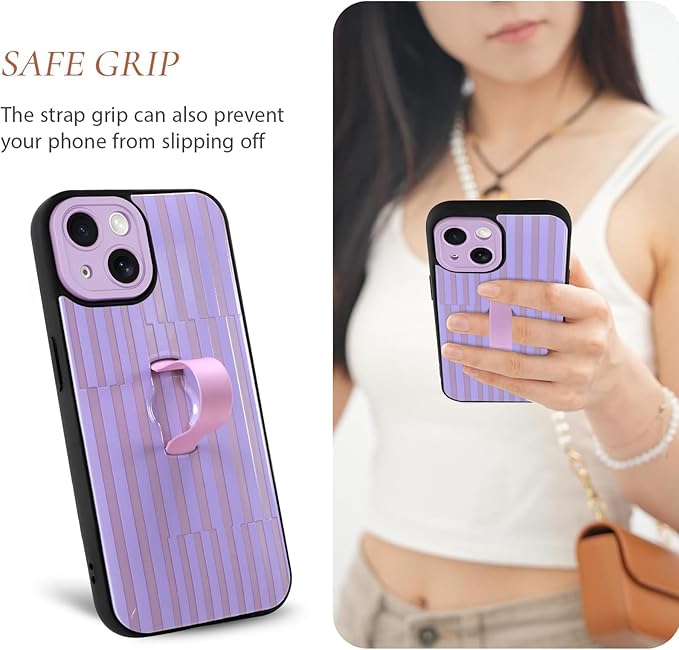 Compatible with iPhone 15 Case with Finger Hand Strap Kickstand, Trendy Cool Striped Phone Case for Women Men, Full Camera Protection Shockproof Protective Cover, Purple Stripes