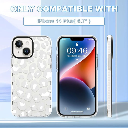 ZIYE Clear Case for iPhone 14 Plus Phone Case White Leopard Design Shockproof Soft TPU Bumper Protective for Women Girls Girly Cute Cover
