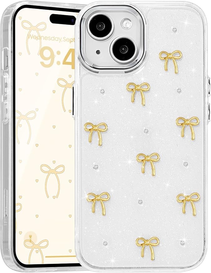 EYZUTAK Case for iPhone 14 Plus, Bling Glitter 3D Bowknot Phone Case Cute Sparkly Crystal Clear Bow Aesthetic Design Case Slim Soft Durable TPU Transparent Protective Cover for Women Girls - Gold Bow