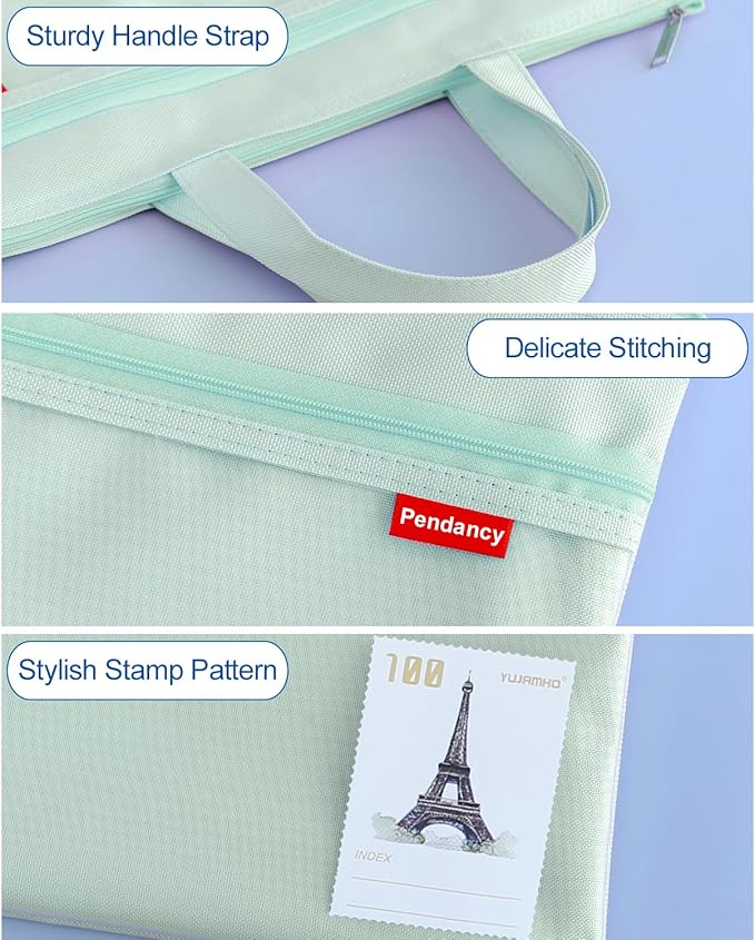 Pendancy Mesh Zipper Pouch 11x13.7 in, Large Double Pocket Waterproof File Bag with Handle, A4 Size Foldable Document Storage for Puzzle Project/Cross Stitch/Travel/Office（Green）