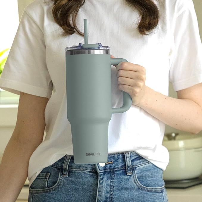 40 oz Tumbler with Handle and Straw Lid,Insulated Reusable Stainless Steel Water Bottle Travel Mug，Cupholder Friendly Double Wall Vacuum Sealed Cup (Shale)