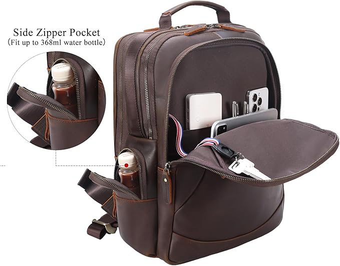 TIDING Vintage Full Grain Leather 15.6 Inch Laptop Backpack for Men Large Capacity Travel Rucksack Weekender Camping Daypacks