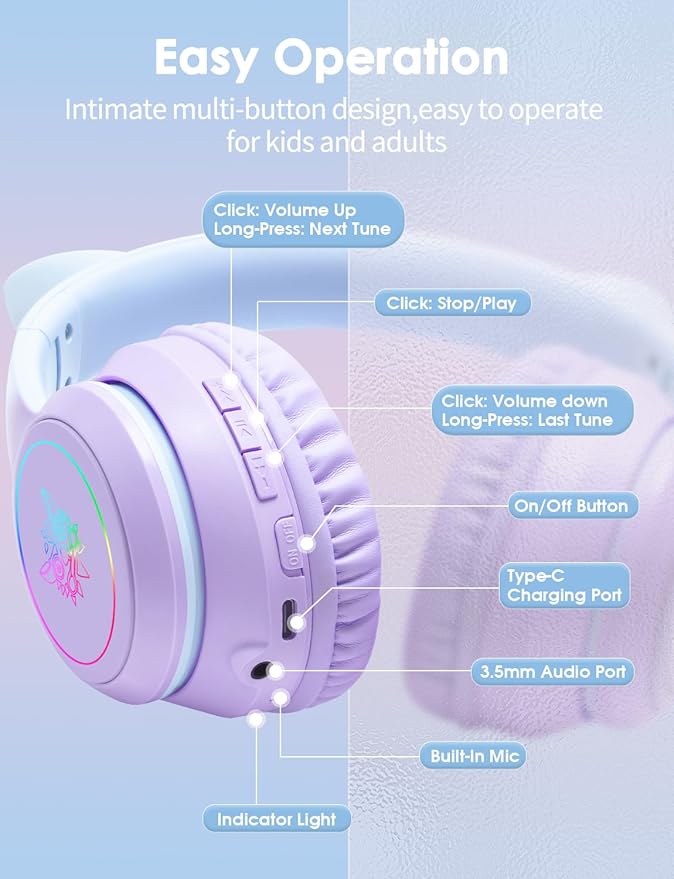 Cat Ear Bluetooth Headphones with Micphone for Kids & Adults, LED Light Up Wireless HI-FI Sound Quality, Over-Ear Headphones with Volume Control for iPhone/iPad/Laptop/PC(55H Play Time)
