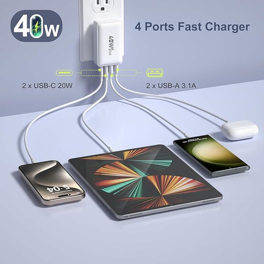 USB C Wall Charger 40W, Excgood 4-Port Flat USB C Charging Block Dual PD+QC Slim Fast Foldable Wall Plug Travel Compatible for iPhone 16 15 Pro Max 14 13 iPad Watch Galaxy S24 Pixel,2Pack Black White