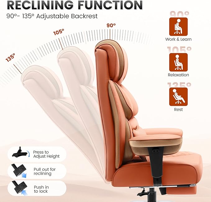 Office Desk Chair, Big and Tall Leather Gaming Chair with Footrest, Wide Ergonomic Comfy Executive High-Back Reclining Computer Chairs, Swivel Rolling Wheels and Padded Lumbar Support, Brown