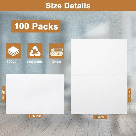 100 Packs Blank White Note Cards and Envelopes 4 x 6 Heavyweight Folded Cardstock and A4 Envelopes Printable Self Seal for Christmas DIY Greeting Cards, Wedding Invitations, Thanksgiving Card