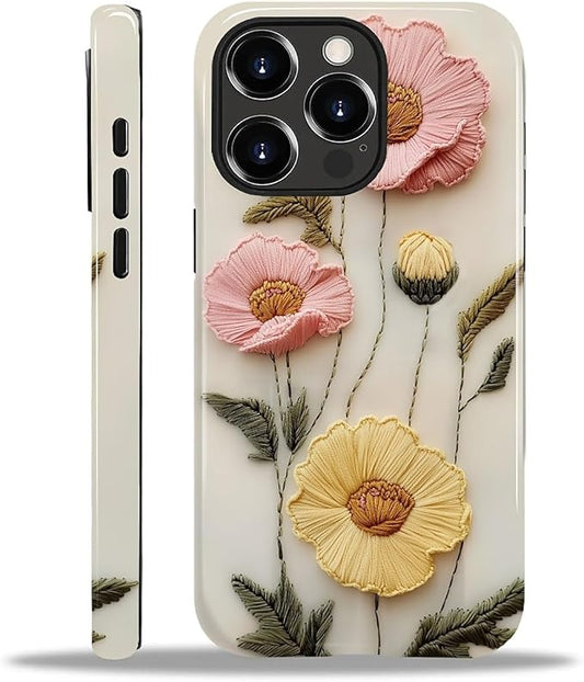 Case for iPhone 13 Pro Case,Faux Embroidery Boho Floral Design - Hybrid Dual Protection Silicone + Hard PC Shockproof Full Body Cover Slim Anti-Scratch Protective Case for Men Women
