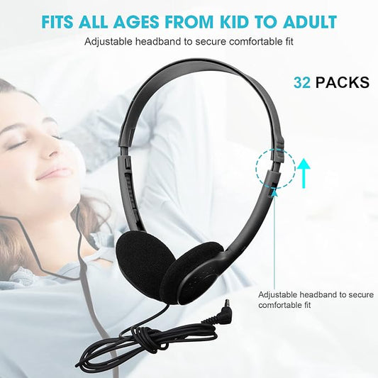 Konohan 30 Pack Kids Headphones Bulk for School Classroom Student Wired Headphones Adjustable with 3.5 mm Jack for Kids Adults(Black)