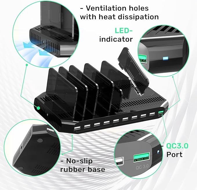Multi USB Charging Station for Multiple Devices, 60W 10 Ports Multi Charger Station with QC3.0 Port & Adjustable Dividers Compatible with Tablets, Smartphones