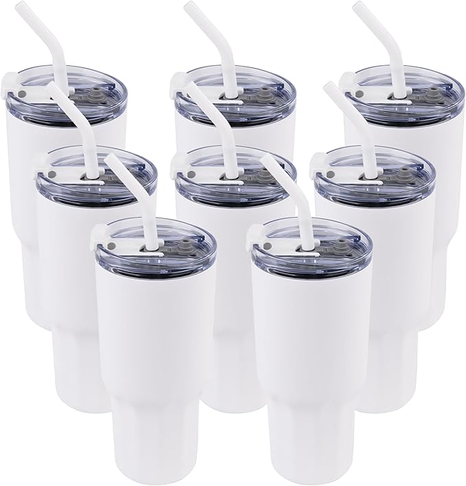 VEGOND 30 oz Insulated Stainless Steel Tumblers with lid and straw Bulk Pack Double Wall Vacuum Coffee Mug with Non-Slip Silicone Base, Sweat Proof Powder Coated Cup for Hot Cold Drinks, White 8Pack