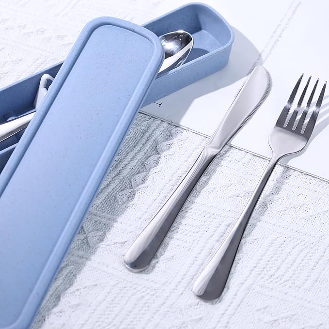 HANSGO 3PCS Portable Utensils Set with Case, Travel Cutlery Set Stainless Steel Utensils Reusable Silverware for Lunch Camping School Picnic Office Dishwasher Safe Blue