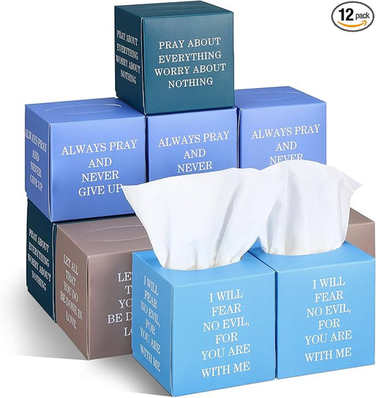 12 Pack Bible Verse Facial Cube Tissues Boxes 600 Sheets 3 Ply Small Christian Square Face Tissues Bulk for Car Bedroom Supplies