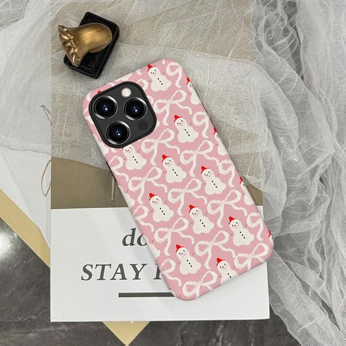 DAIZAG Case Compatible with for iPhone 14 Pro,Christmas Snowman Pink Bow Phone Case for iPhone 14 Pro for Girl Women Boy Men