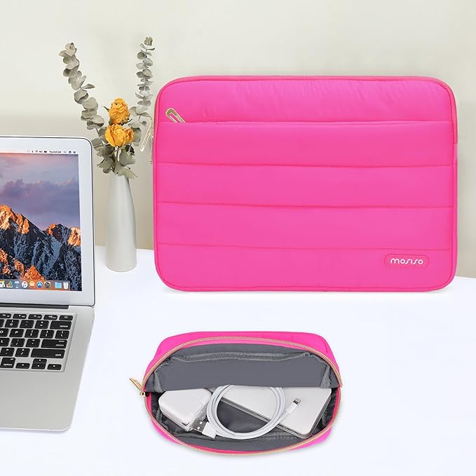 MOSISO 13.3 inch Laptop Case, 13-13.3 inch Puffy Laptop Sleeve Compatible with MacBook Air 13 13.6 M4 M3 M2 M1/Pro 13/Pro 14, HP Dell ASUS Lenovo,Polyester Horizontal Bag with Small Case, Rose Red