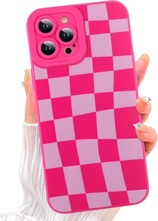 ZIYE for iPhone 12 Pro Max Case Hot Pink Grids Plaid Checkerboard Pattern Phone Case with Camera Protection,Soft TPU Silicone Rubber Protective Cover Grid Checkered Chess Design Cases