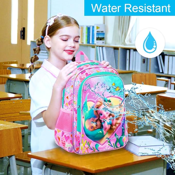 3Pcs Mermaid Backpack, 16" Kids Bookbag for Girls with Lunch Box, School Backpacks Set for Elementary Preschool Kindergarten(Pink)