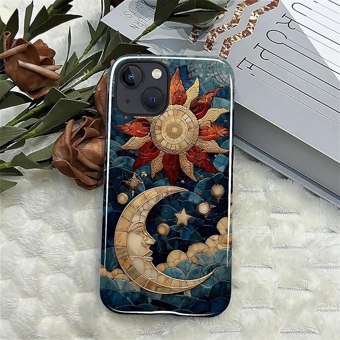Case for iPhone 14 Plus Case,Sun Moon Stars Faux Stained Glass Design Hybrid Dual Protection Silicone + Hard PC Shockproof Full Body Cover Slim Anti-Scratch Protective Case for Men Women