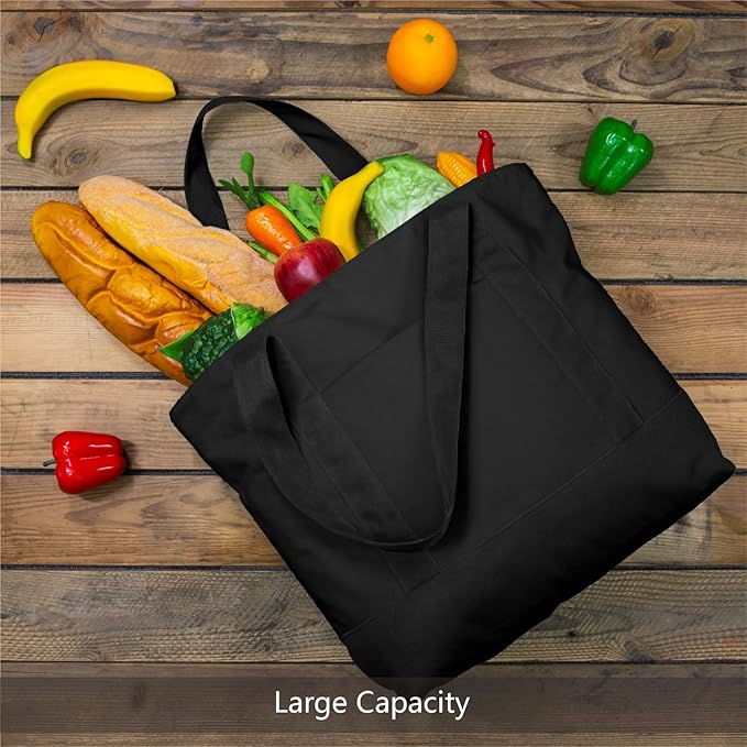 TOPDesign 1-Pack Canvas Tote Bag with an External Pocket, Reusable Grocery Shopping Bag, Top Zipper Closure, Daily Essentials (Black)