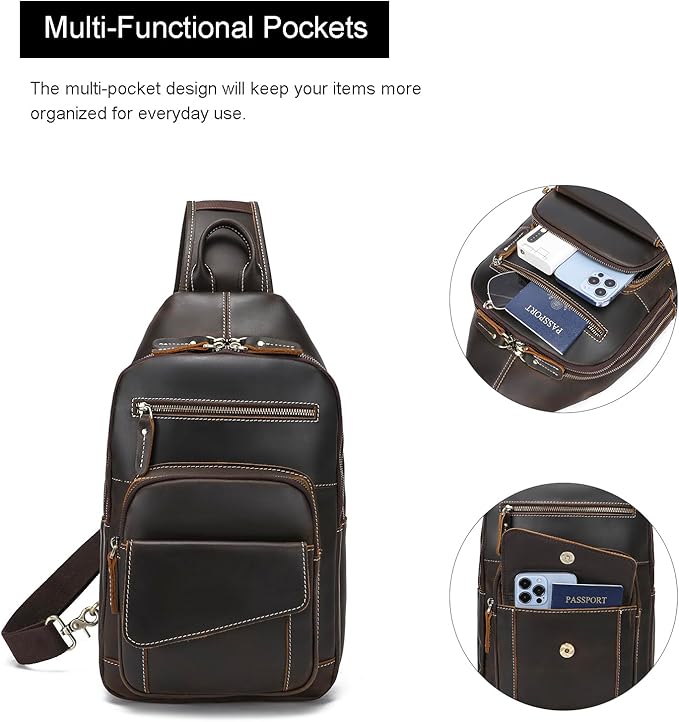 LANNSYNE Full Grain Leather Casual Sling Bag For Men Hiking/Travel/Business Crossbody Chest Bag Fits 12.9" iPad