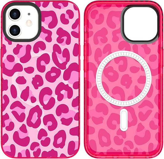 SAKUULO Magnetic for iPhone 12/12pro Case Hot Pink Leopard Print Pattern [Compatible with MagSafe] Wireless Charge Strengthen Protection Cover, Hot Pink Leopard (6.1")