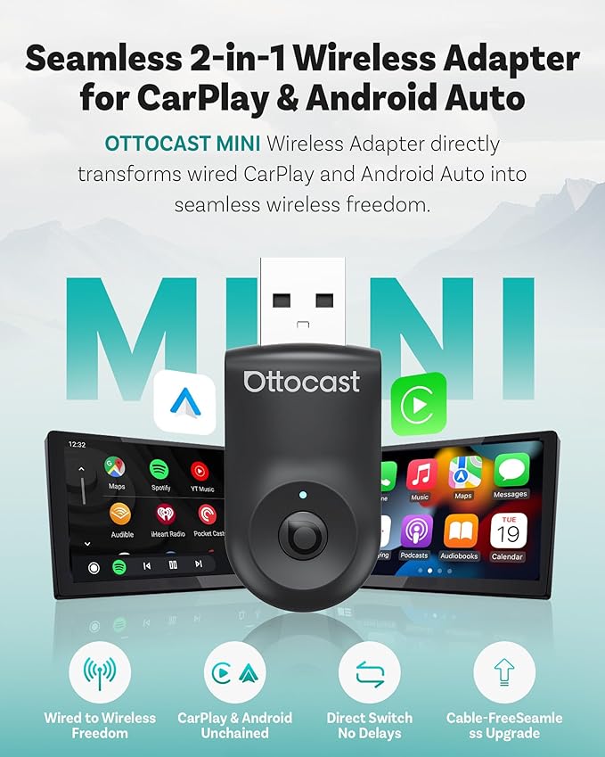 OTTOCAST Mini 2025 2-in-1 Wireless CarPlay/Android Auto Adapter, 5GHz WiFi, Auto Connect for 2016+ Cars