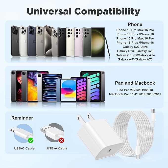 3Pack 20W USB C Wall Charger Block, USB C Charging Adapter,Super Fast Charging Power Plug Cub for iPhone 16/15,i-Pad Pro,Galaxy S25,and More-White+Blue